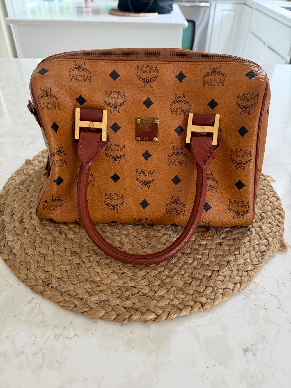 MCM Cognac Visetos Satchel with Brown Handles and Gold Hardware 11 x 7 x 8 inch